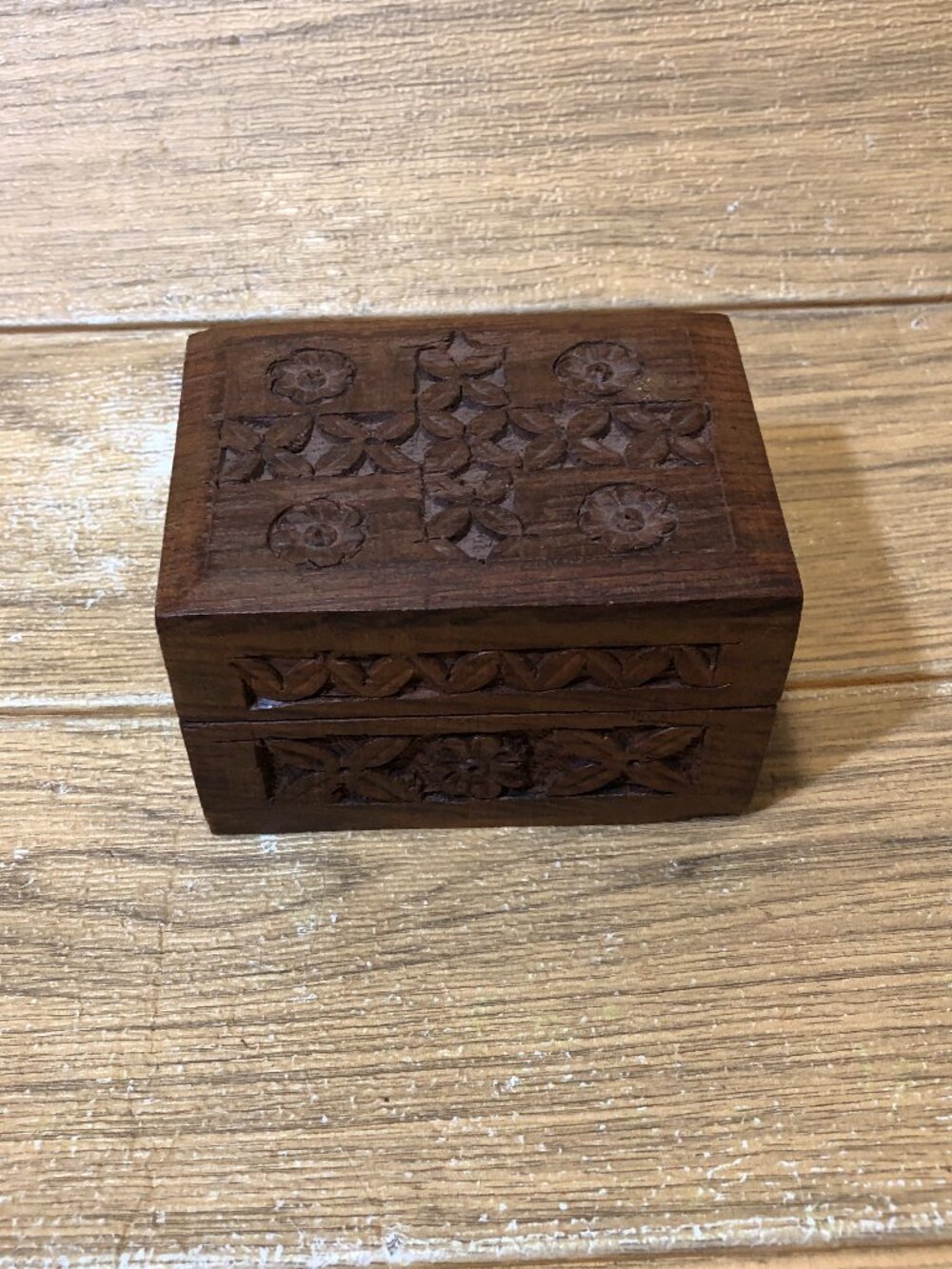 Hand carved wooden box, from India, measures 4" x 3"x 2.5"